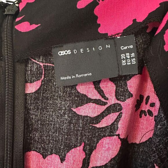 ASOS Design Curve Black Pink Floral Asymmetrical Ruched Midi Skirt Size 16 - Picture 7 of 9